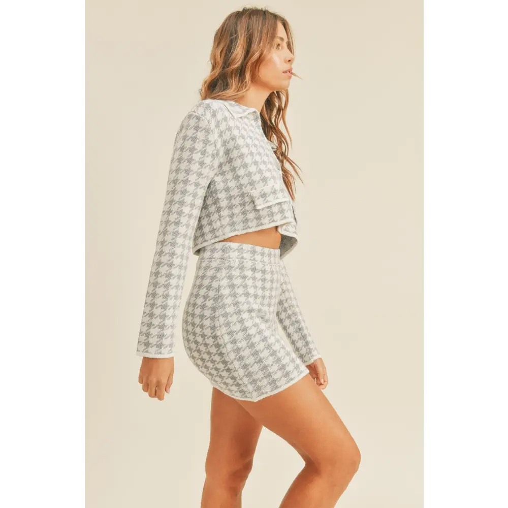 Houndstooth Cropped Knit Cardigan and Mini Skirt Set.