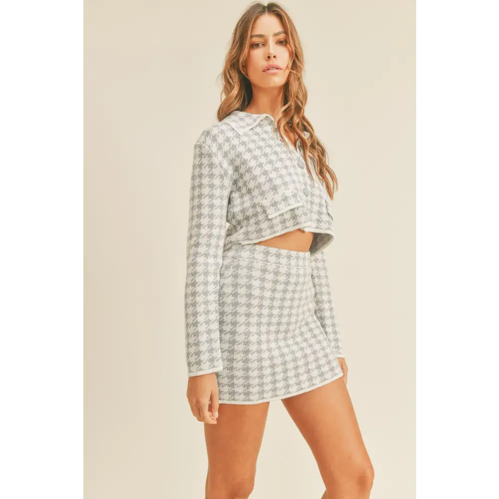 Houndstooth Cropped Knit Cardigan and Mini Skirt Set.