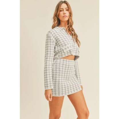 Houndstooth Cropped Knit Cardigan and Mini Skirt Set.