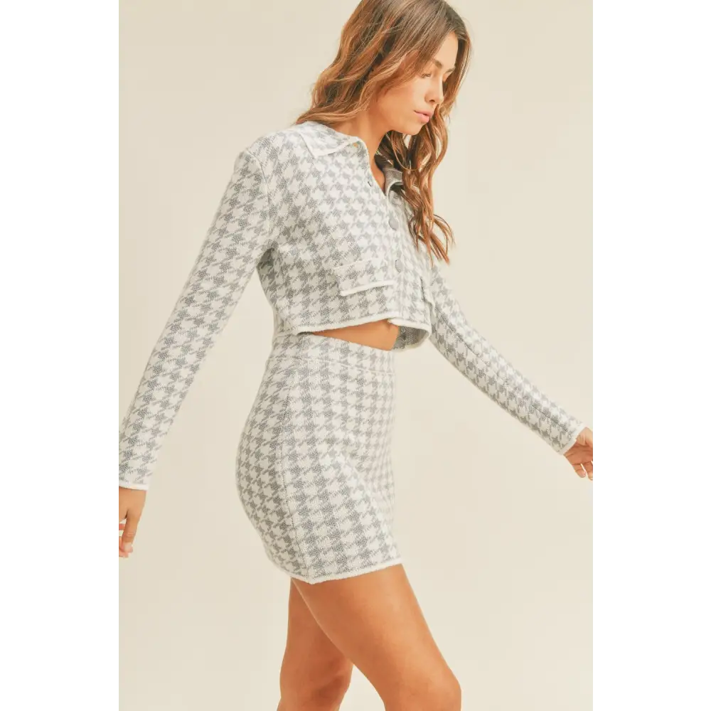 Houndstooth Cropped Knit Cardigan and Mini Skirt Set.