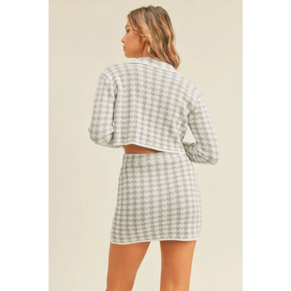 Houndstooth Cropped Knit Cardigan and Mini Skirt Set.