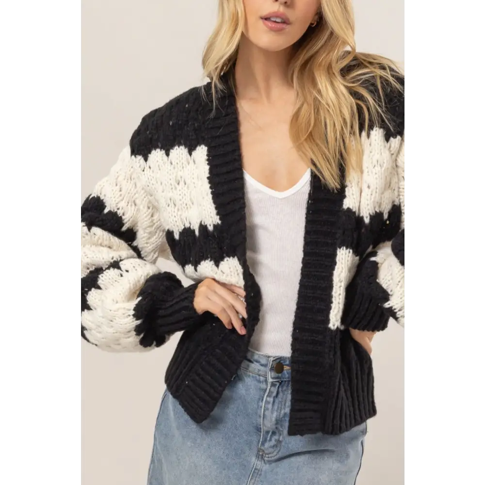 HYFVE Scallop Striped Open Front Long Sleeve Sweater Cardigan.
