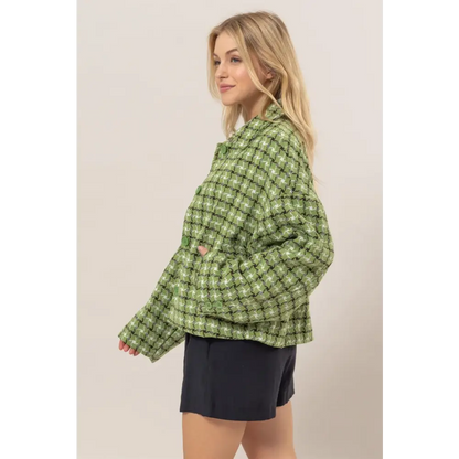 HYFVE Tweed Plaid Button Up Collared Neck Jacket.