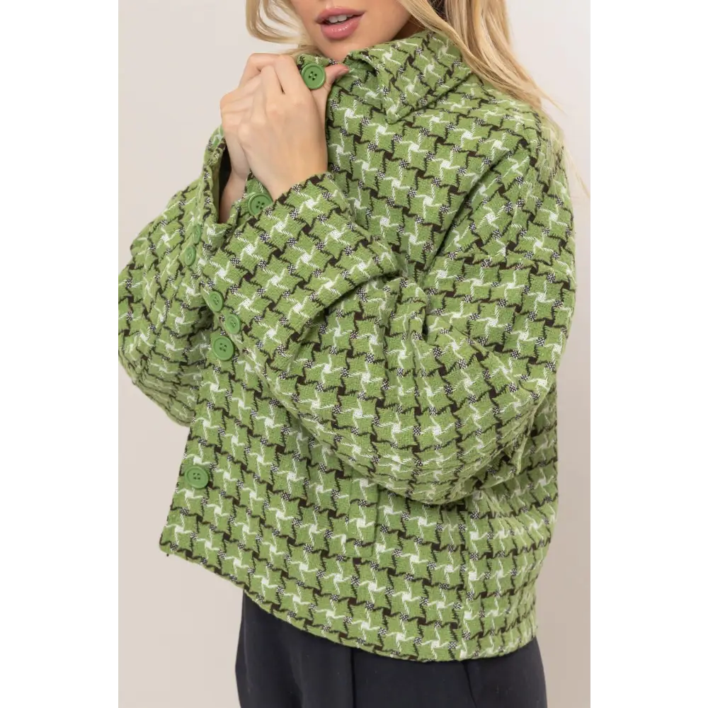 HYFVE Tweed Plaid Button Up Collared Neck Jacket.