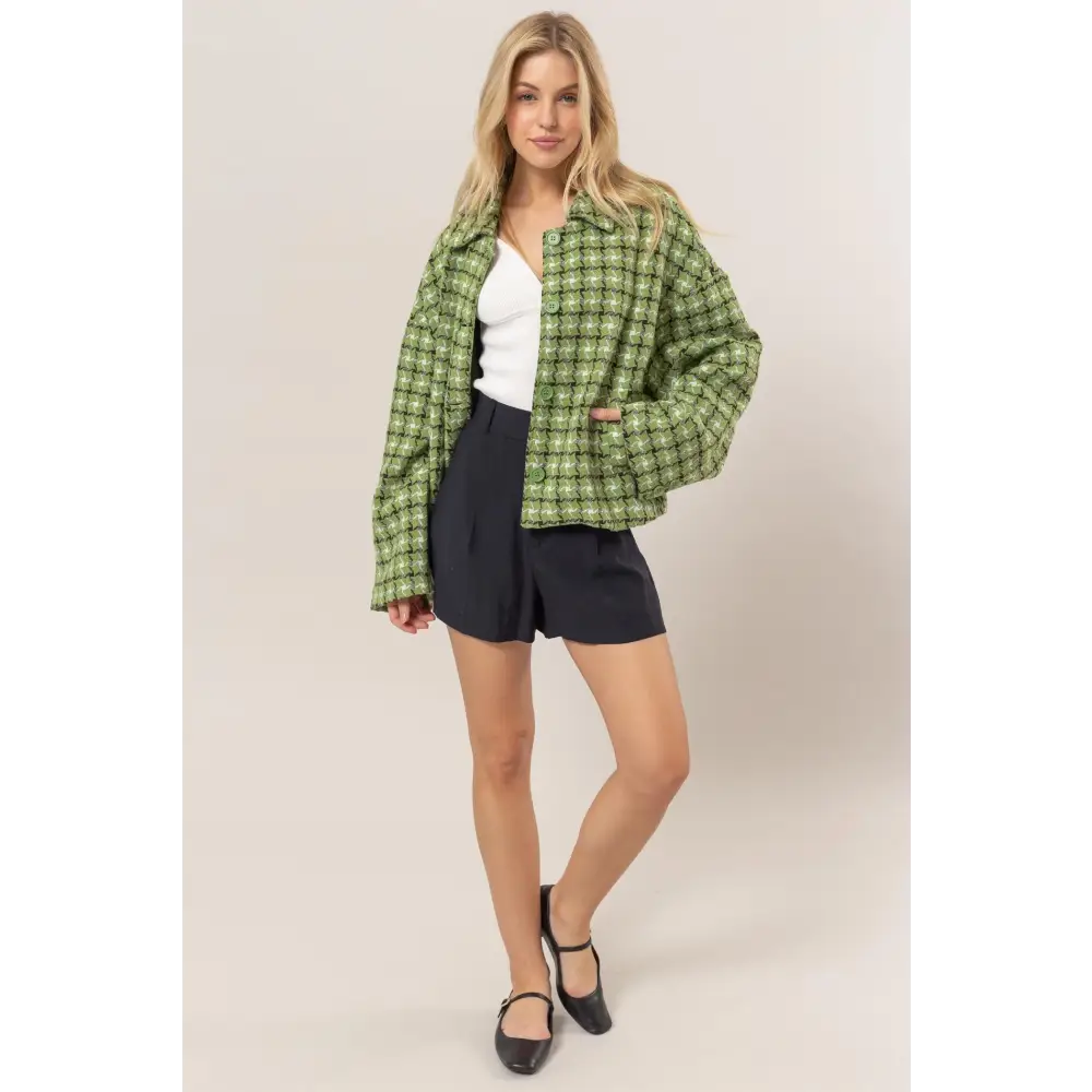 HYFVE Tweed Plaid Button Up Collared Neck Jacket.