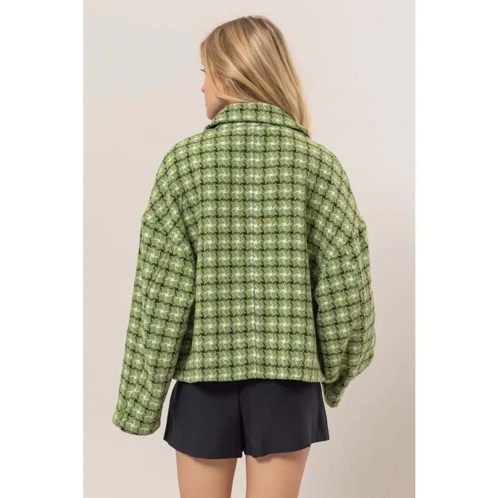 HYFVE Tweed Plaid Button Up Collared Neck Jacket.