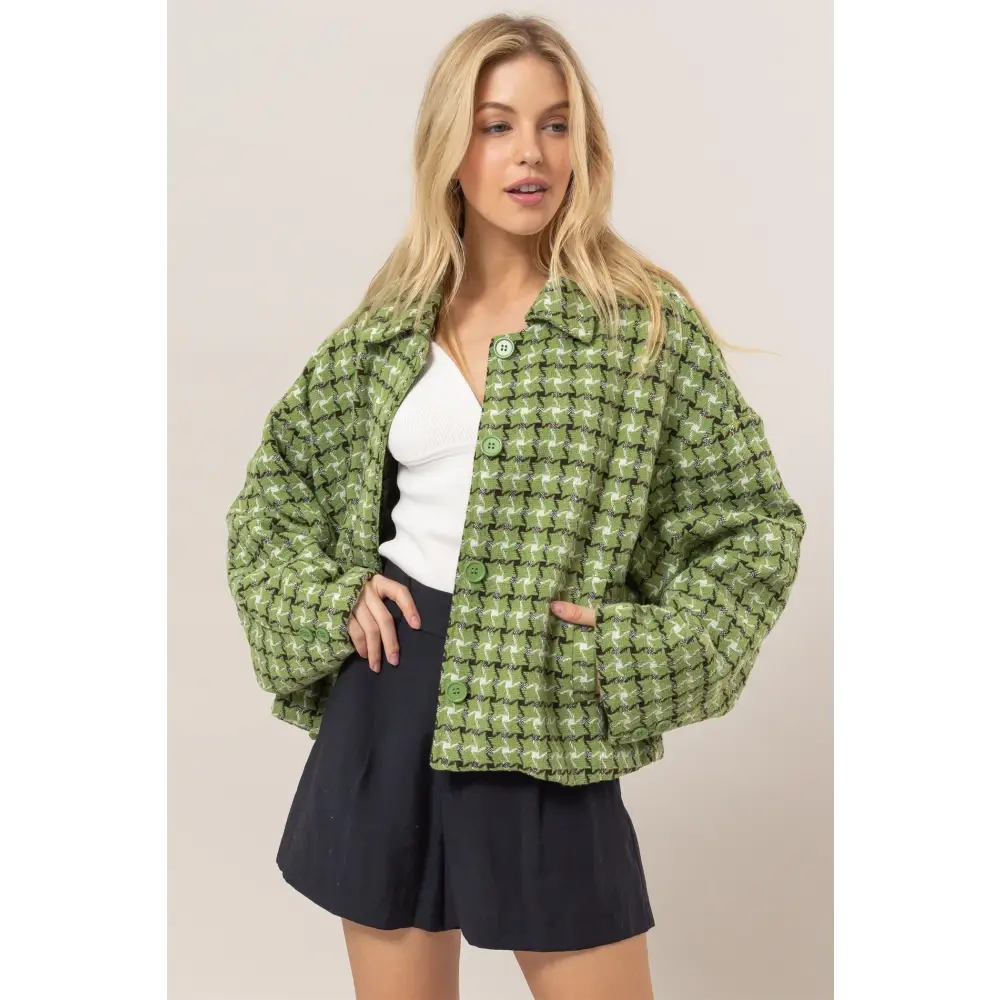 HYFVE Tweed Plaid Button Up Collared Neck Jacket.