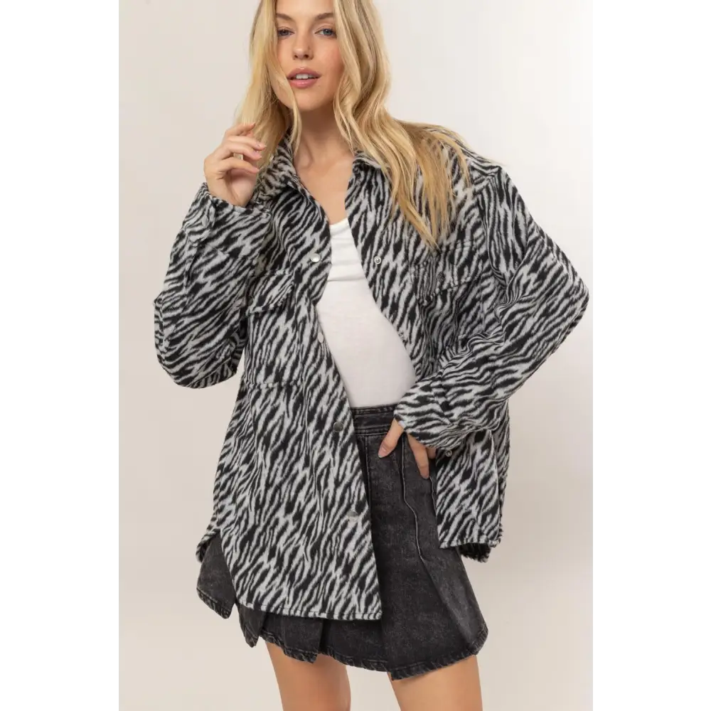 HYFVE Zebra Print Snap Down Long Sleeve Shacket.
