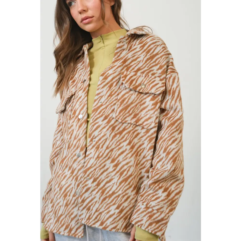 HYFVE Zebra Print Snap Down Long Sleeve Shacket.