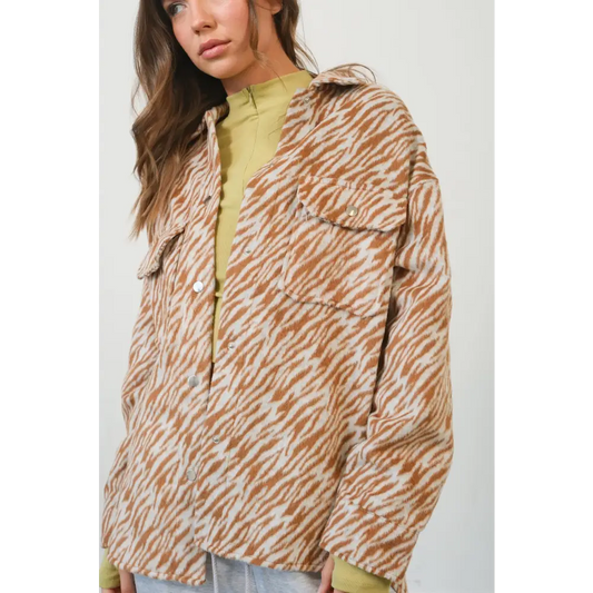 HYFVE Zebra Print Snap Down Long Sleeve Shacket.