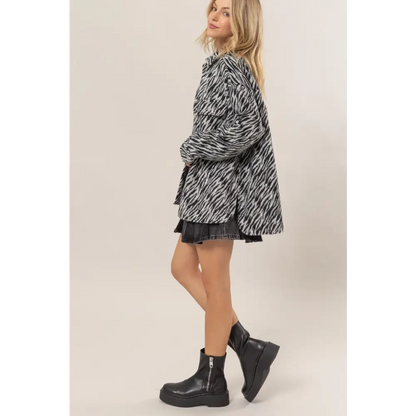HYFVE Zebra Print Snap Down Long Sleeve Shacket.