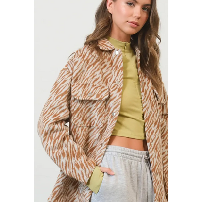 HYFVE Zebra Print Snap Down Long Sleeve Shacket.