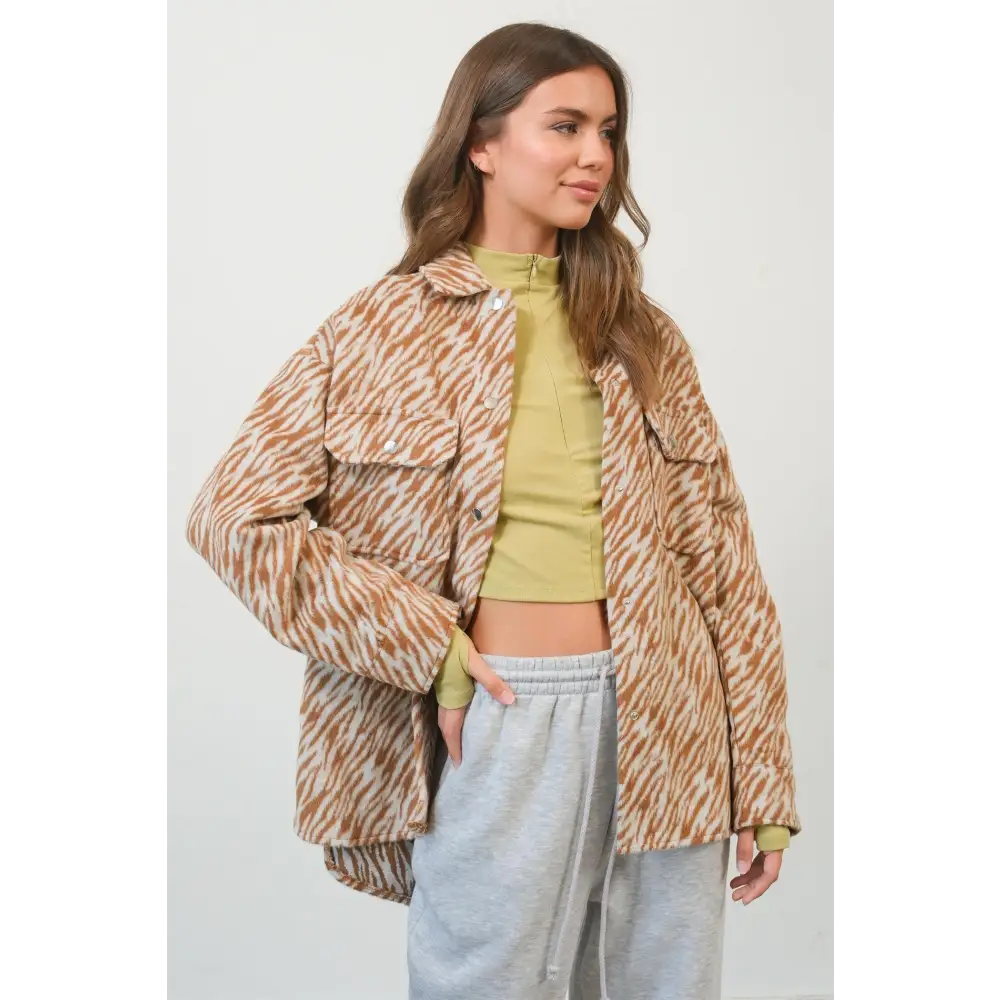 HYFVE Zebra Print Snap Down Long Sleeve Shacket.