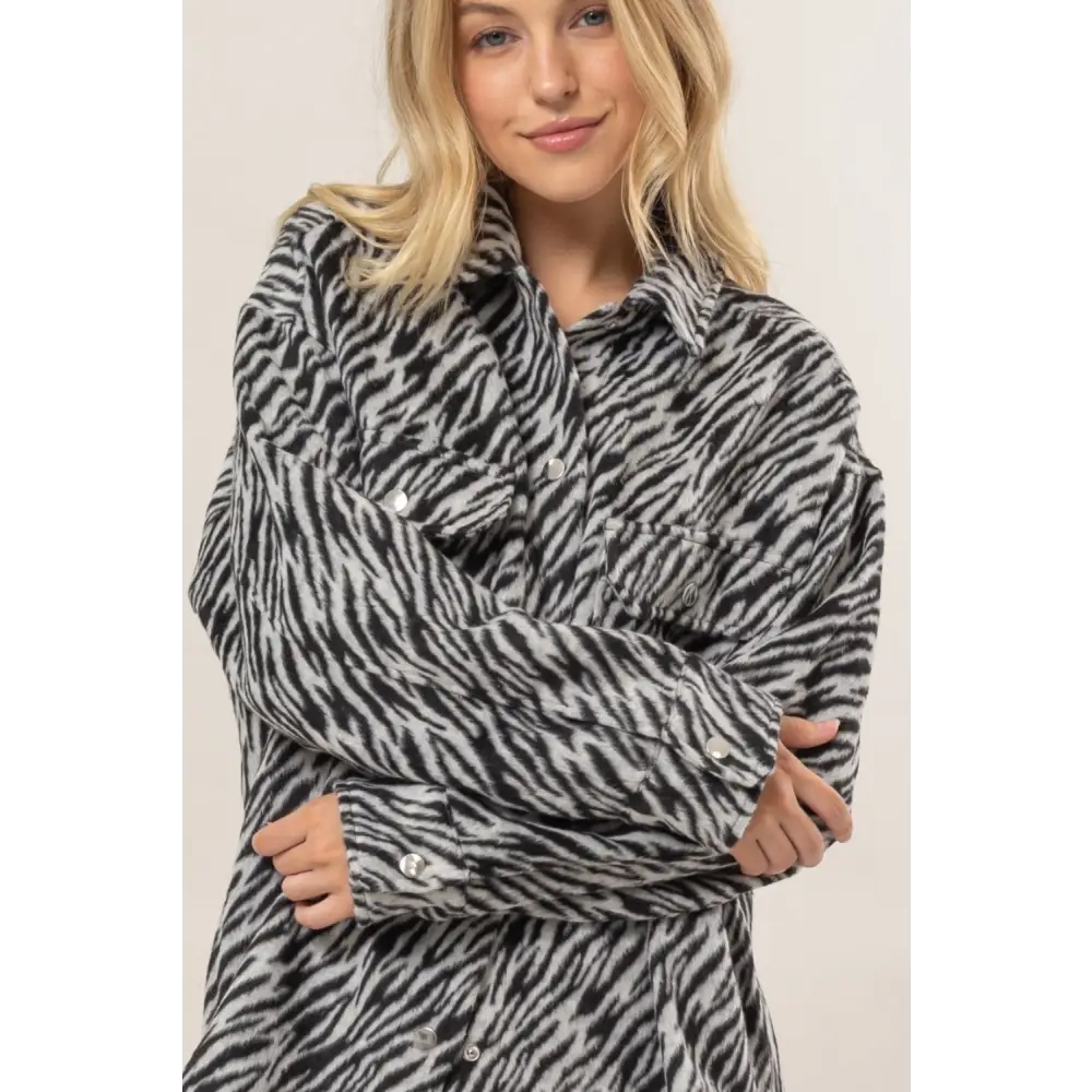 HYFVE Zebra Print Snap Down Long Sleeve Shacket.