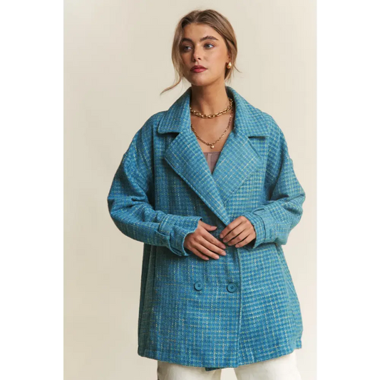 J.NNA Tweed Double-Breasted Long Sleeve Coat.