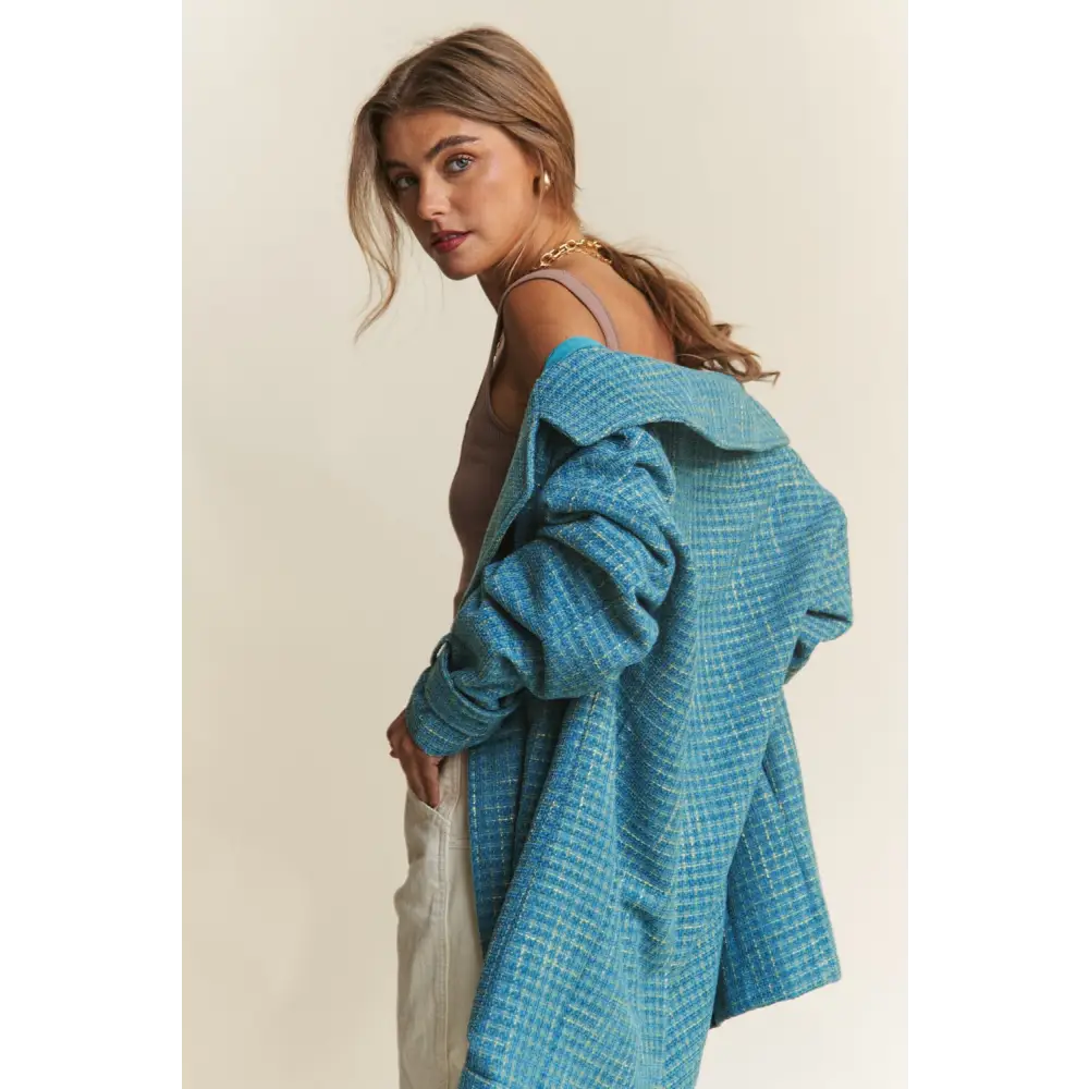 J.NNA Tweed Double-Breasted Long Sleeve Coat.