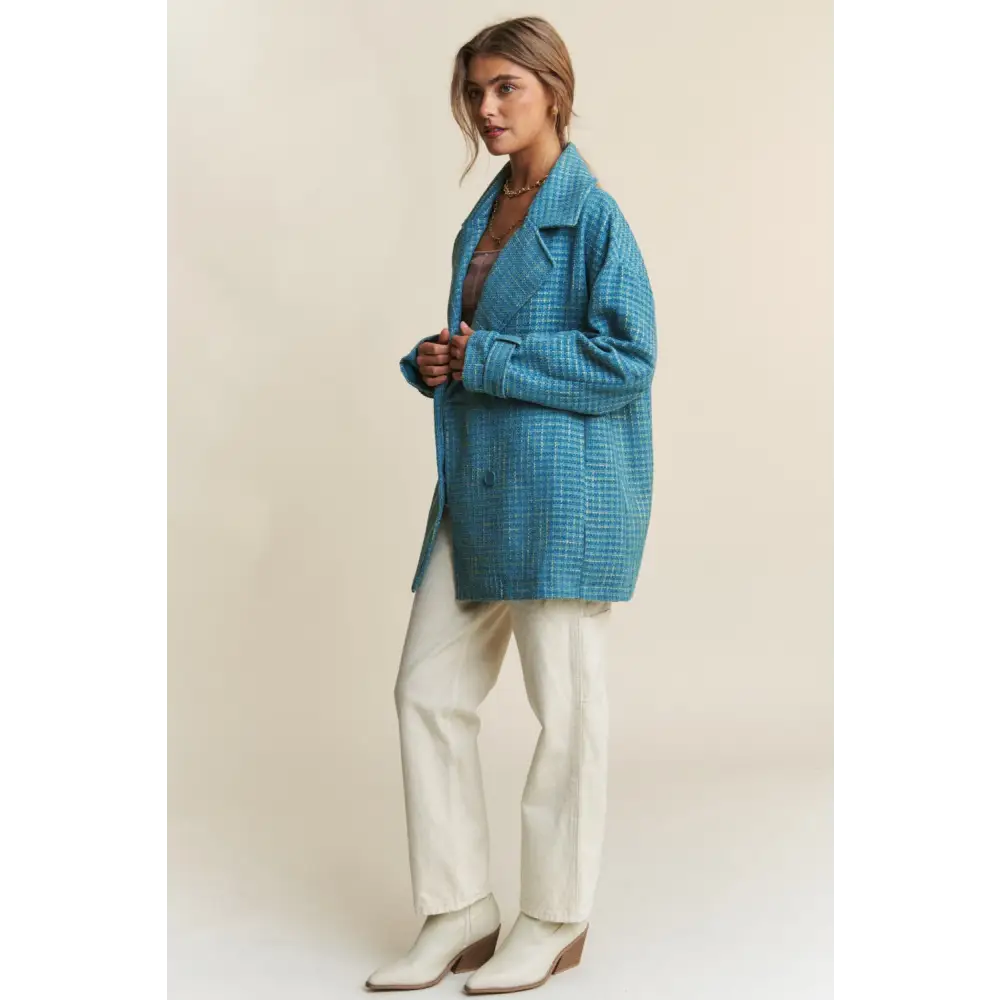 J.NNA Tweed Double-Breasted Long Sleeve Coat.