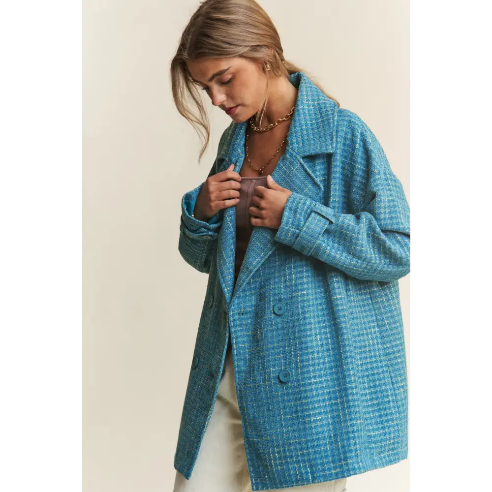 J.NNA Tweed Double-Breasted Long Sleeve Coat.