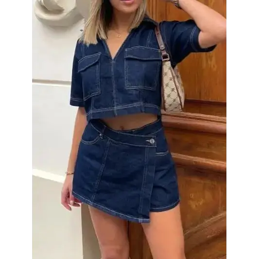 Johnny Collar Short Sleeve Top and Skort Denim Set.