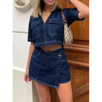 Johnny Collar Short Sleeve Top and Skort Denim Set.