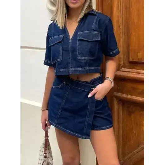 Johnny Collar Short Sleeve Top and Skort Denim Set.