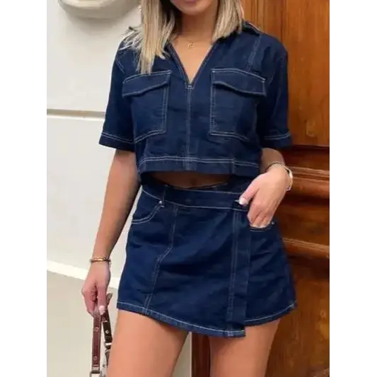Johnny Collar Short Sleeve Top and Skort Denim Set.