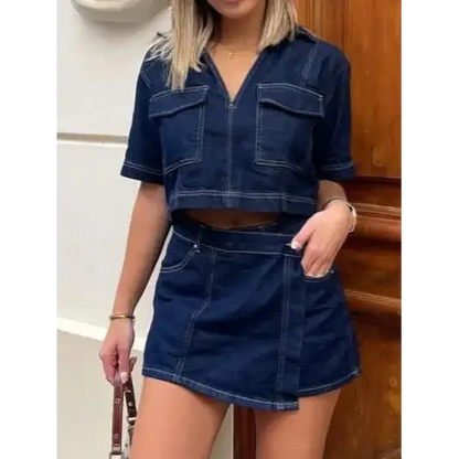 Johnny Collar Short Sleeve Top and Skort Denim Set.