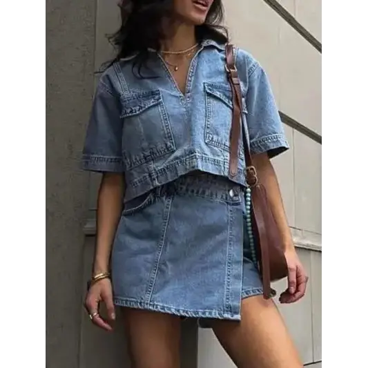 Johnny Collar Short Sleeve Top and Skort Denim Set.