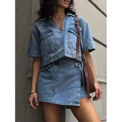 Johnny Collar Short Sleeve Top and Skort Denim Set.