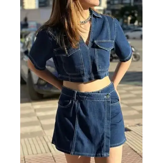 Johnny Collar Short Sleeve Top and Skort Denim Set.