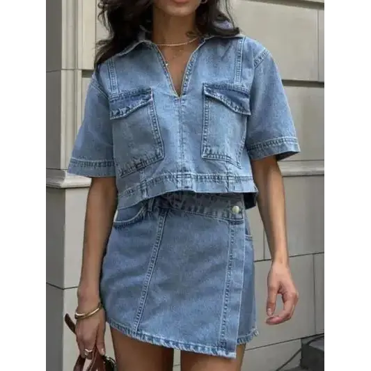 Johnny Collar Short Sleeve Top and Skort Denim Set.