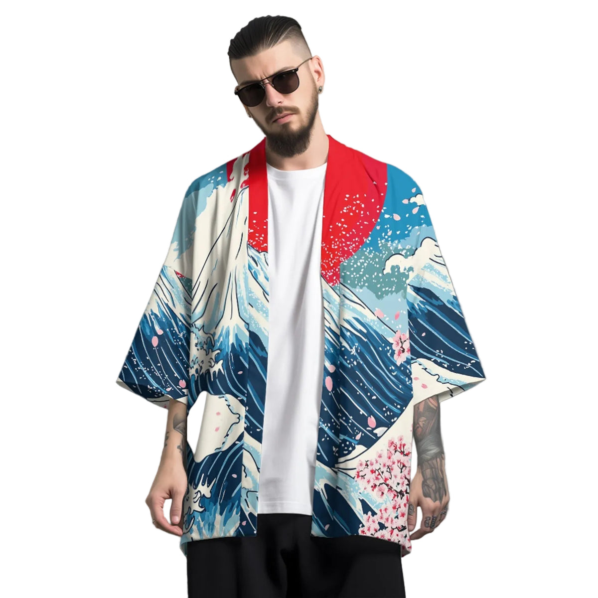 Man wearing a colorful kimono-style jacket with a gray background