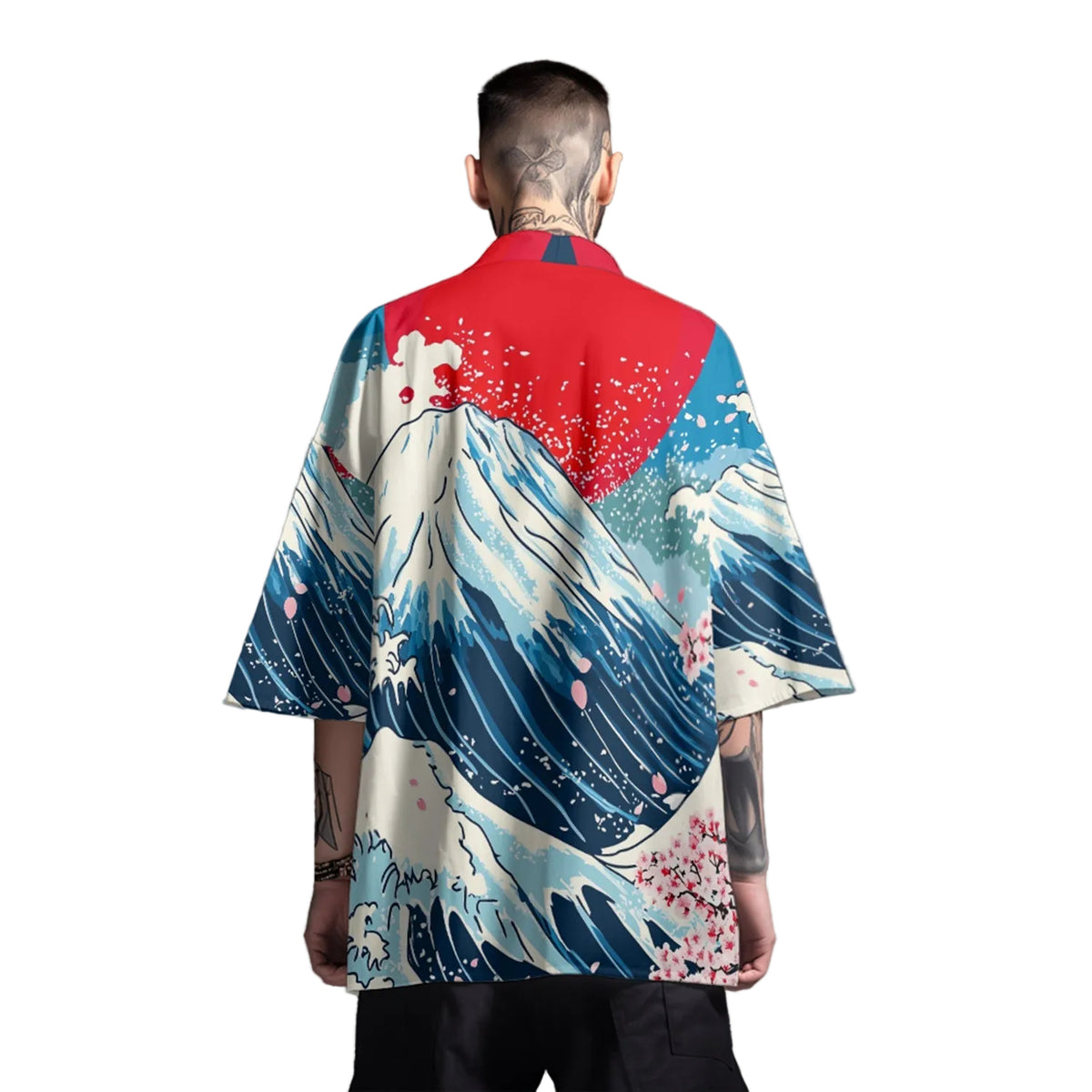 Person wearing a kimono with wave design on a gray background