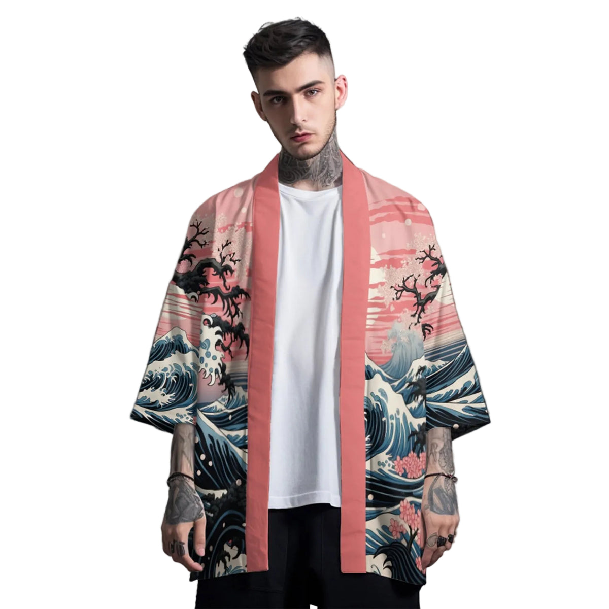 Man wearing a kimono with wave design on a gray background