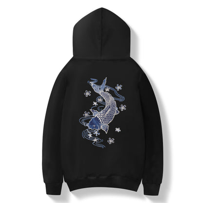Blue Koi Embroidery Hoodie