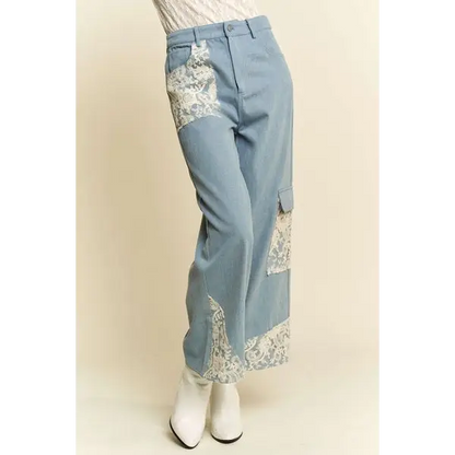 Lace Applique Wide Leg Jeans.