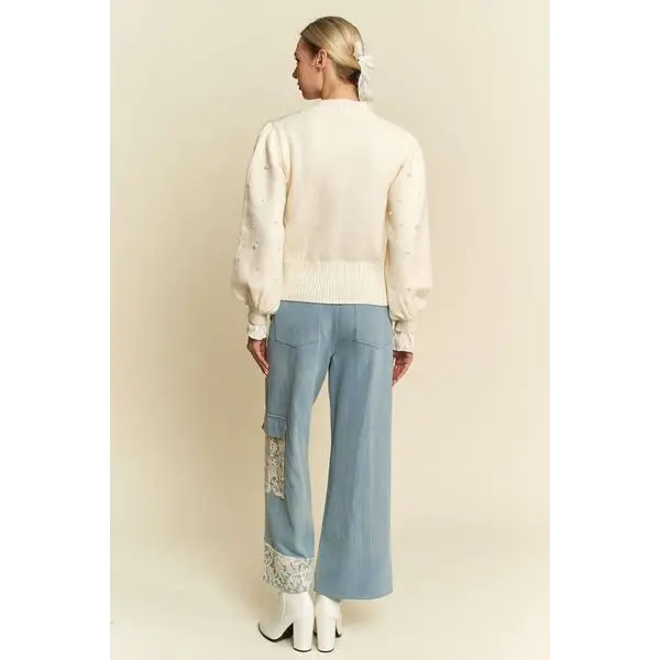Lace Applique Wide Leg Jeans.