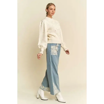 Lace Applique Wide Leg Jeans.