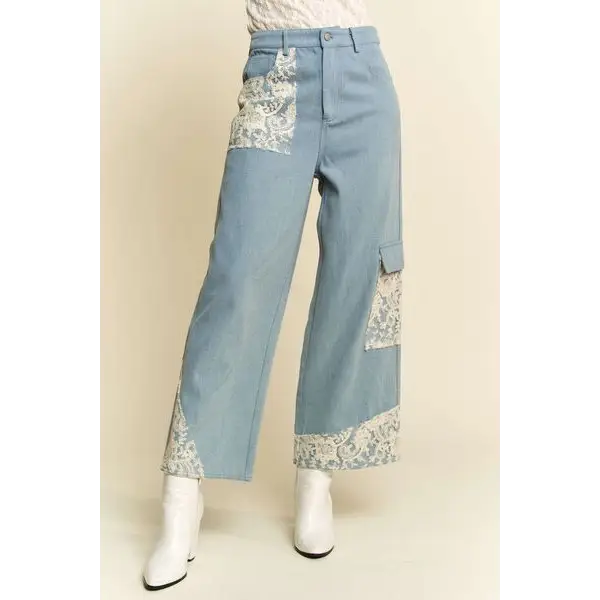 Lace Applique Wide Leg Jeans.