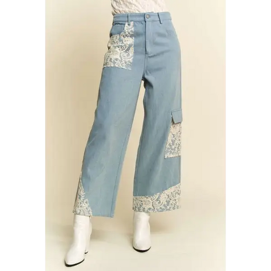 Lace Applique Wide Leg Jeans.