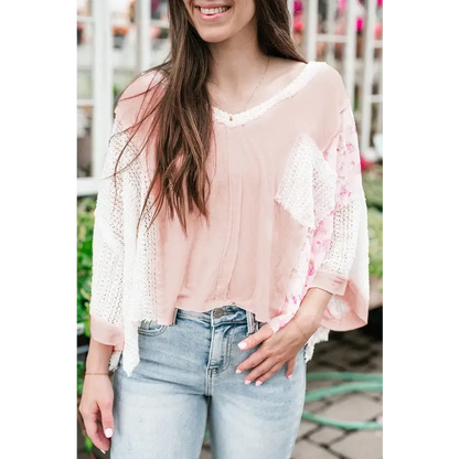 Lace Crochet Patchwork Batwing Sleeve Blouse.
