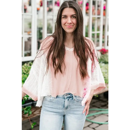 Lace Crochet Patchwork Batwing Sleeve Blouse.