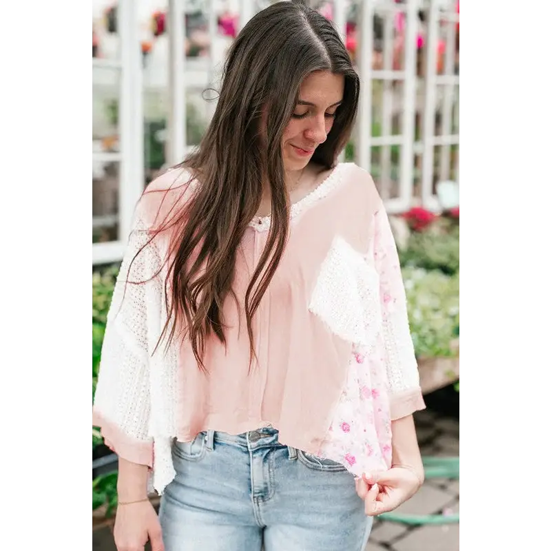 Lace Crochet Patchwork Batwing Sleeve Blouse.