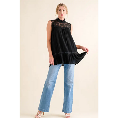 Lace Detail Sleeveless Ruffled Top.