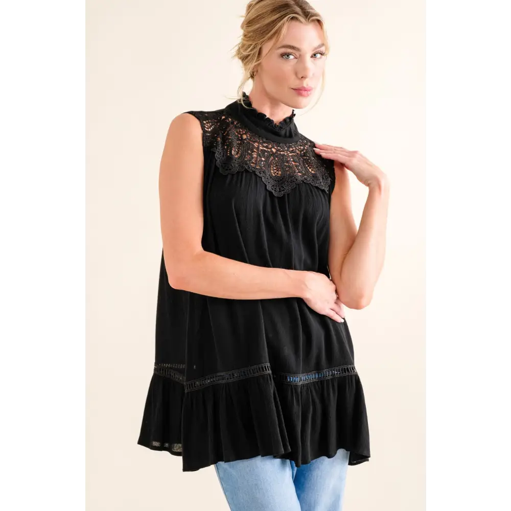 Lace Detail Sleeveless Ruffled Top.