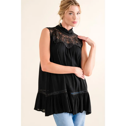 Lace Detail Sleeveless Ruffled Top.