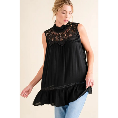 Lace Detail Sleeveless Ruffled Top.