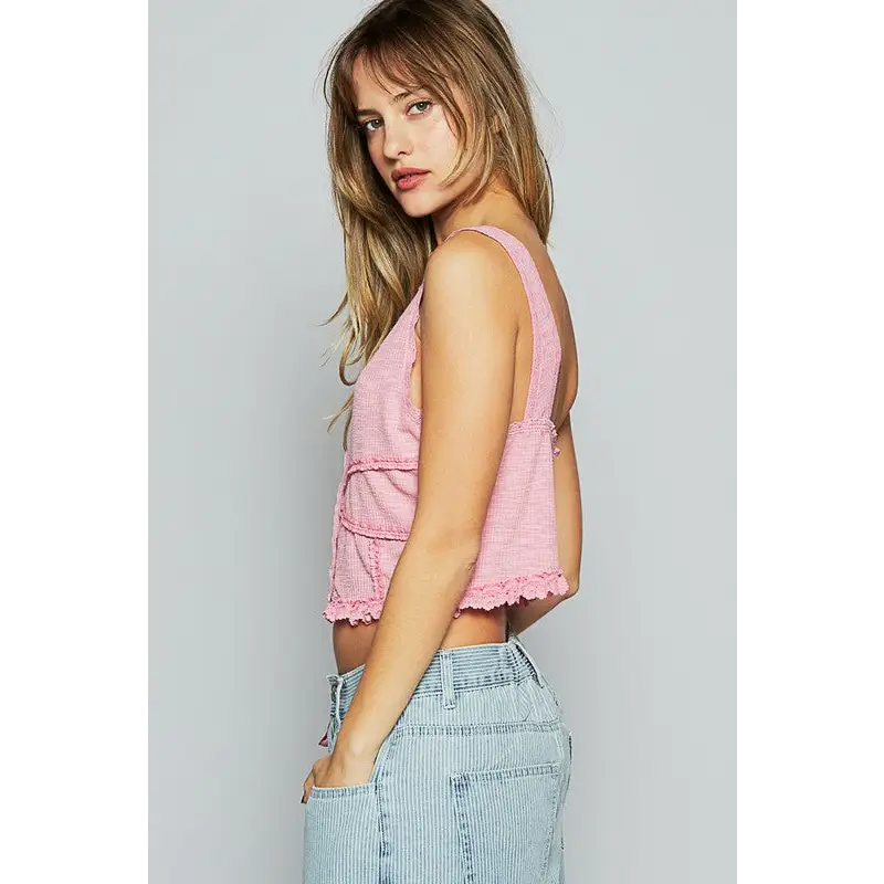 Lace Detail V-Neck Cropped Tank.