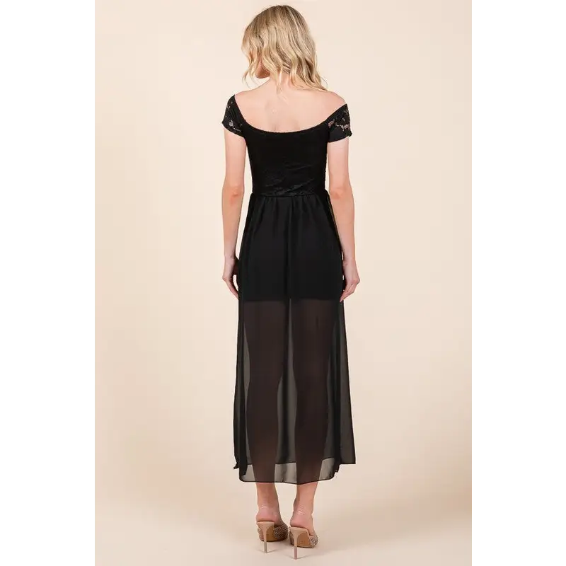 Lace Off Shoulder Chiffon Dress.