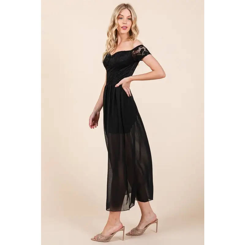 Lace Off Shoulder Chiffon Dress.